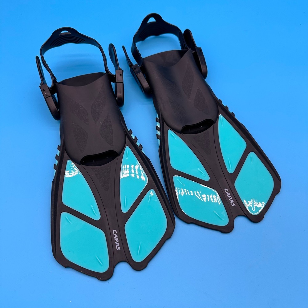 CAPAS Snorkel Fins Black Teal Open‎ Heel Adjustable Travel Flippers S/MD JR 9-13